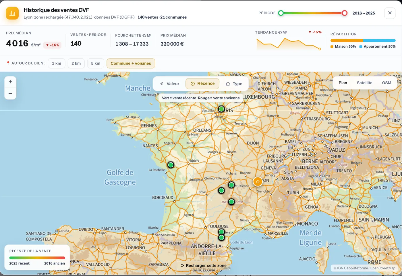 Ventes réelles DVF sur carte (localisation masquée)