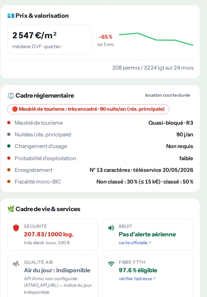 Cadre réglementaire et cadre de vie — sécurité, bruit, fibre, permis, risques